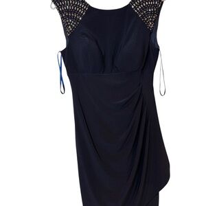 CACHE Midnight Blue Evening Dress SZ 8 Made in USA Ruched, Sleeveless Jewels EUC